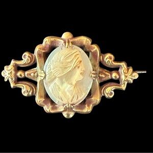 Antique Mother of Pearl Carved Cameo in Brass Setting 2”